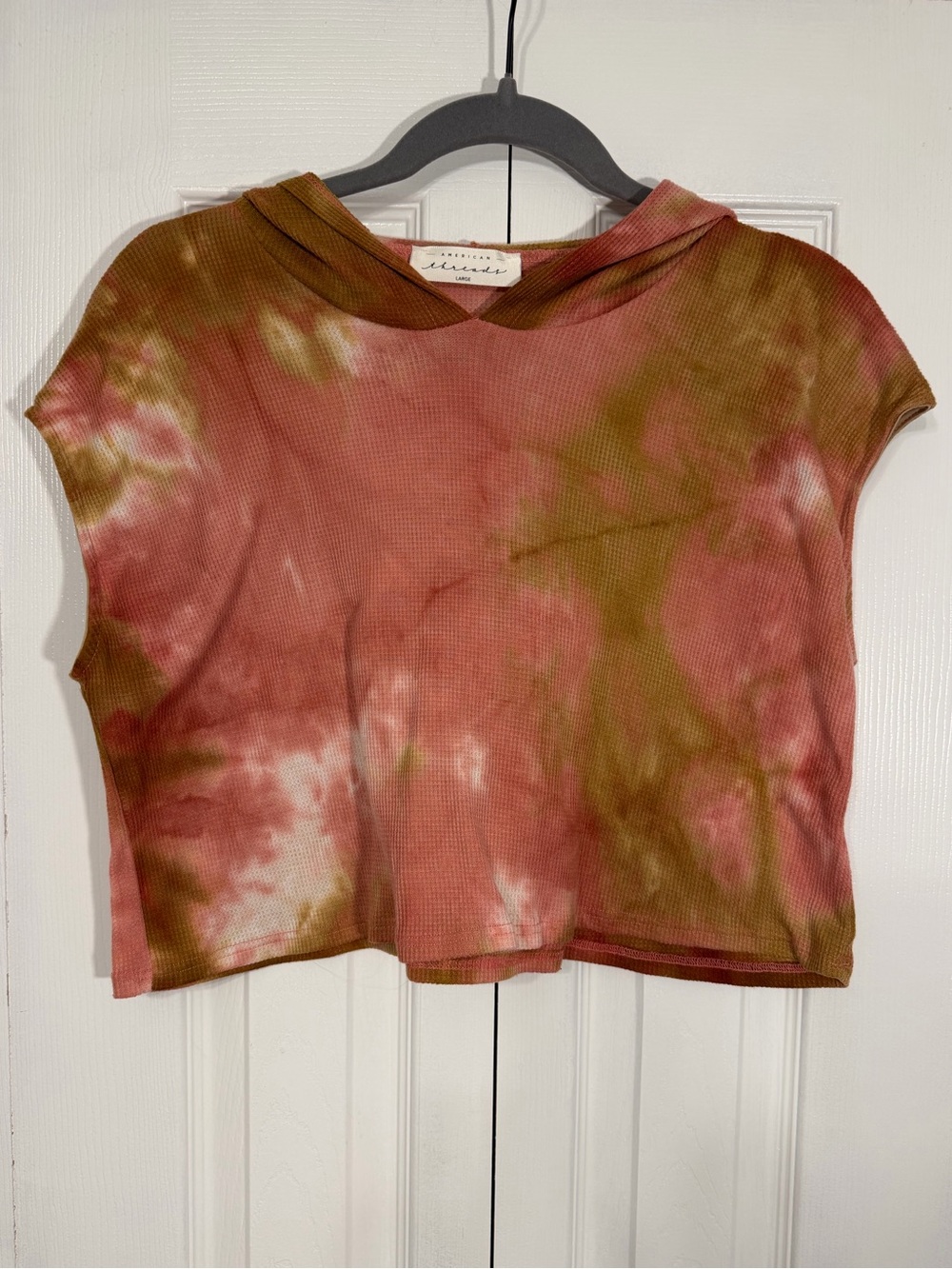 American Threads Tie Dye Waffle Knit Hooded Crop Top Large Pink Brown